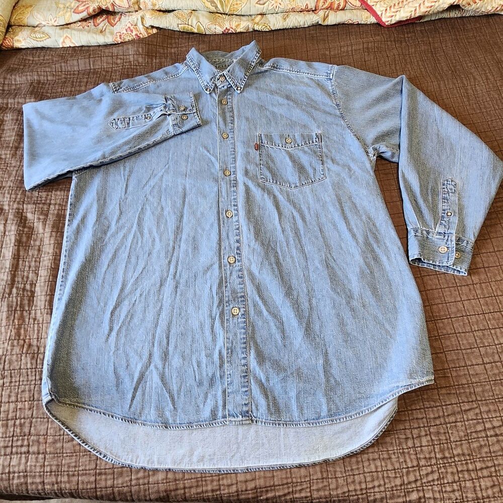 Vtg 90 Levis Red Tab Denim Button Up Mens Shirt Sz L Hong Kong Retro Workwear - Picture 2 of 11